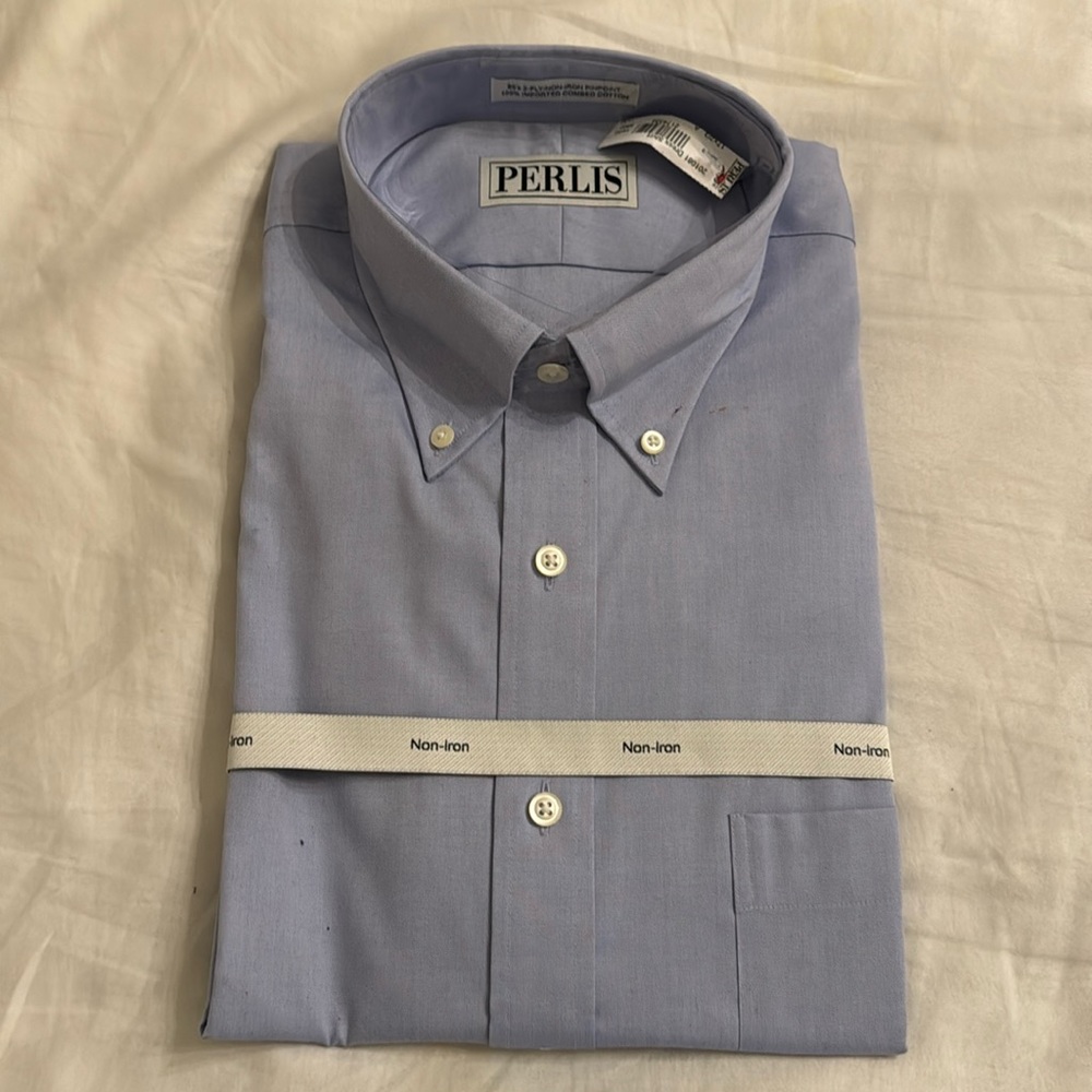 Blue Perlis brand button down dress shirt. Wrinkle free. New with tags. 17/32-33